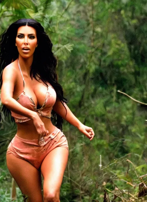 Image similar to film still of kim kardashian as daisy duke in the movie predator, being chased in fear, cinematic shot, 4k.