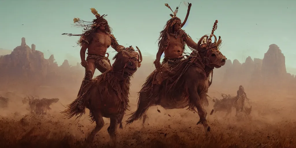 Image similar to an ancient tribesman riding an ancient motorcycles, motorized indians hunting buffalo ,attacking, chase, action scene, an epic fantasy, dramatic lighting, cinematic, establishing shot, extremely high detail, photorealistic, cinematic lighting, artstation, octane render, by simon stalenhag, horizon forbidden west,old photo, vintage