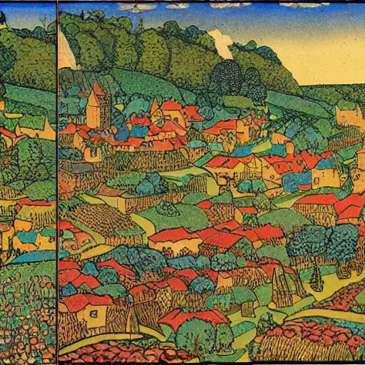 Image similar to detailed print of a landscape of a medieval village and crops by ivan bilibin and edmund dulac and ilya kuvshinov and katsuhiro otomo. full color scheme