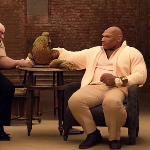 Image similar to a giant toad sitting with mike tyson in a room, from the movie directed by martin scorsese and christopher nolan, masterpiece, 8 h