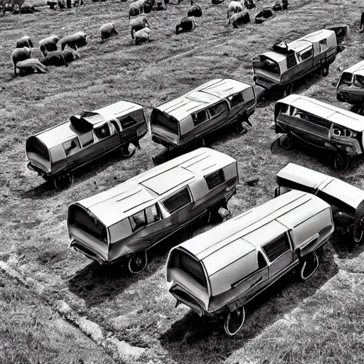 Image similar to a birds - eye view monochromatic sepia photograph of a delorean in a line of covered wagons and cattle,