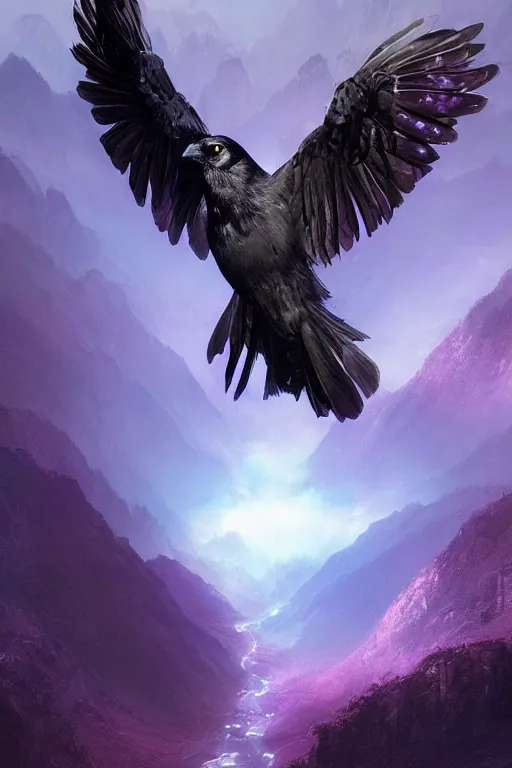 Image similar to portrait of a beautiful one raven perched on purple crystals that are glowing in a misty valley, establishing shot, extremly high detail, foto realistic, cinematic lighting, by yoshitaka amano, ruan jia, kentaro miura, artgerm, post processed, concept art, artstation, raphael lacoste, alex ross