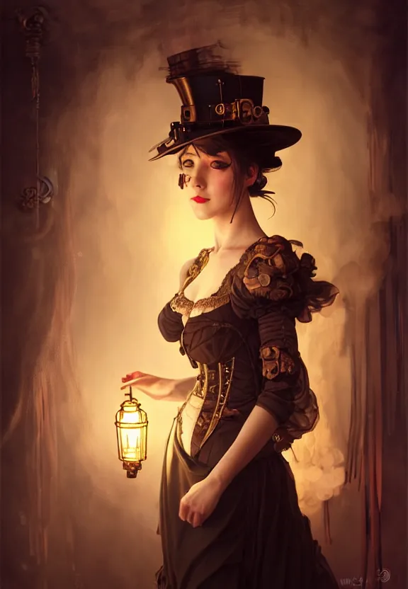 Image similar to steampunk actress preparing for a show at the smoky backstage, mirror, chinese lanterns, smoke, fantasy magic, dark light night, intricate, elegant, sharp focus, illustration, highly detailed, digital painting, concept art, matte, art by wlop and artgerm and greg rutkowski and alphonse mucha, masterpiece