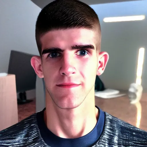 Image similar to “a realistic detailed photo of a guy who is an attractive humanoid who is half robot and half humanoid, who is a male android, Christian Pulisic, shiny skin, posing like a statue, blank stare, on display”