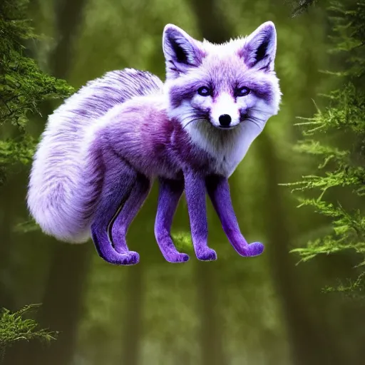 Image similar to a purple fox with a long fluffy and shiny coat sits in the forest on a ufo flying saucer. super realistic photo. clear details