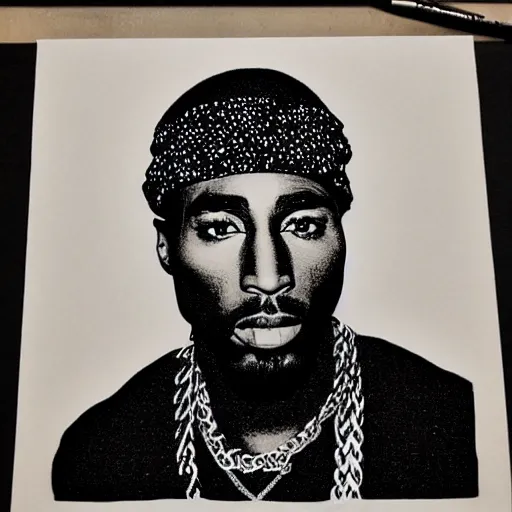 Image similar to tupac portrait, drawn with dots, art, minimalist,