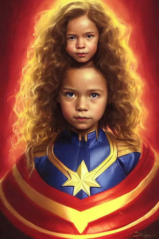 Image similar to a little girl with a michievous face and wavy curly light brown hair. she is dressed as captain marvel, a superhero. clean elegant painting, beautiful detailed face. by artgerm and greg rutkowski