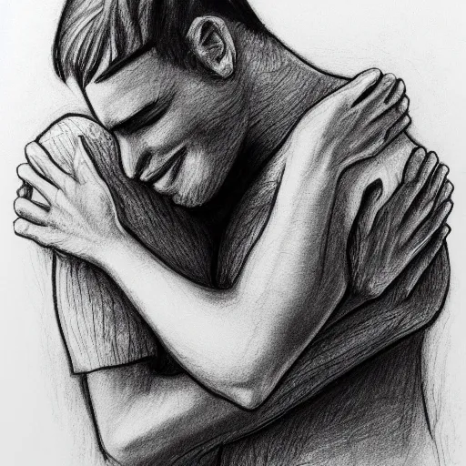 Prompt: sentimental boy hugging a cactus, pencil sketch, black and white