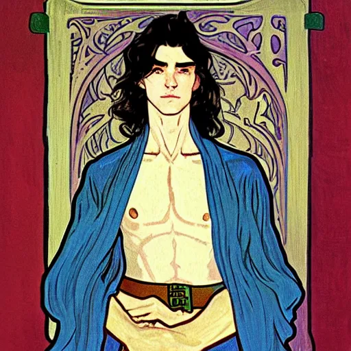 Image similar to portrait painting of young handsome beautiful paladin elf!! man with long! wavy dark hair and blue eyes in his 2 0 s named taehyung minjun james, pale, wearing armor!, gorgeous hair, elf ears, icy eyes, elegant, cute, delicate, soft facial features, art by alphonse mucha, vincent van gogh, egon schiele,