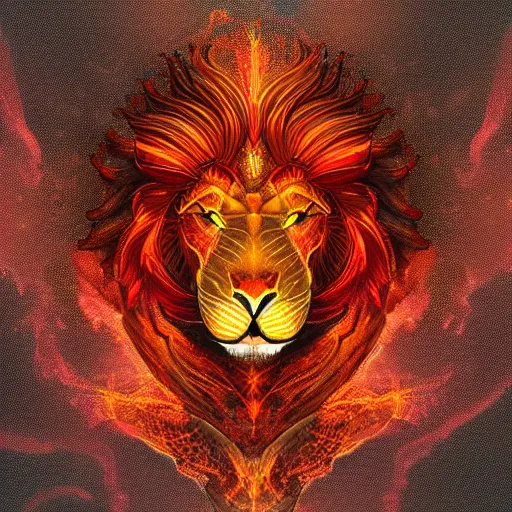 Prompt: fire lion, flaming, vibrant vials, centered, symmetrical, aesthetically pleasing, insane details, digital art, deviantart, artstation, ambient light