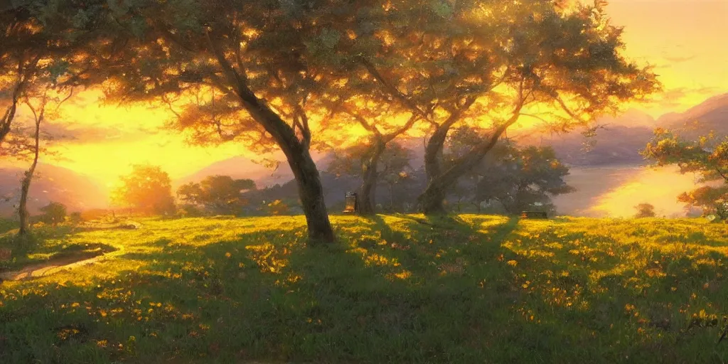Prompt: an extraordinarily beautiful oil painting of a landscape in spring during sunset ; the most beautiful painting in the world ; by makoto shinkai