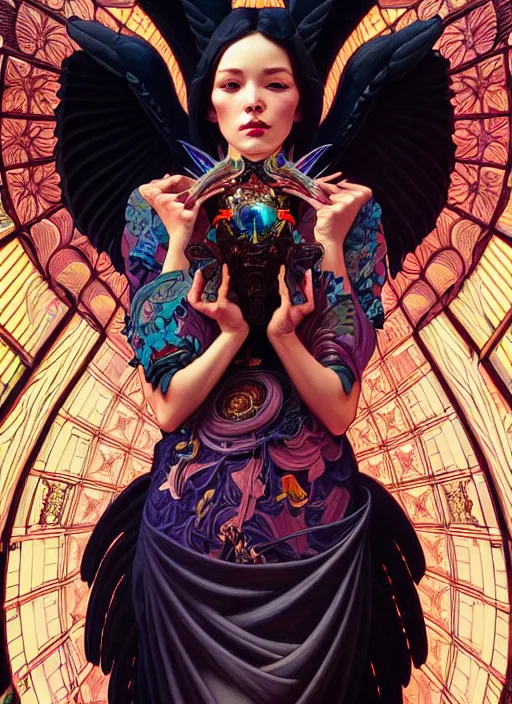 Prompt: high quality high detail portrait of a demonic angel with dark wings in black cathedral, tristan eaton, victo ngai, artgerm, rhads, ross draws, hyperrealism, intricate detailed, alphonse mucha, 8 k, sci - fi, pastel colors, artstation,