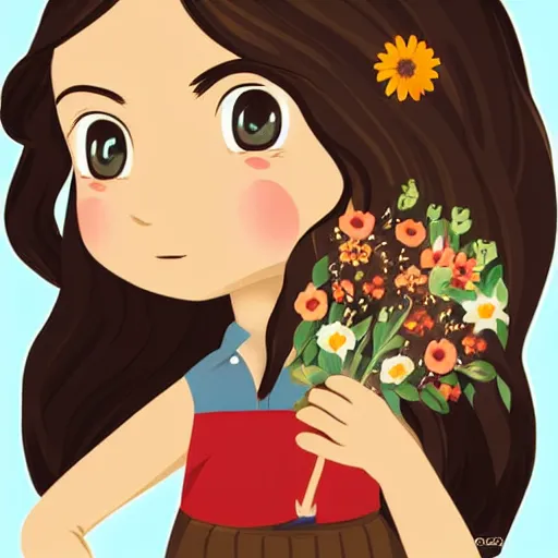 Prompt: hispanic girl with long brown hair, flower dress, face, sticker, emoji, white background, by rossdraws, ghibli