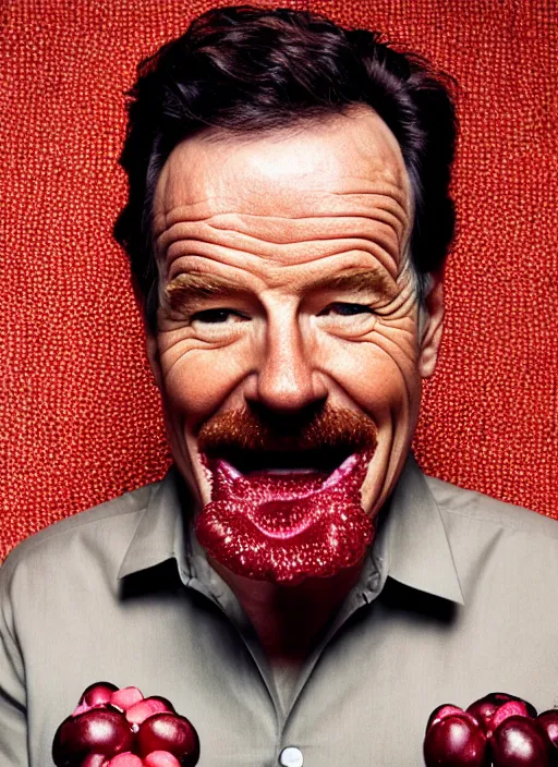 Image similar to bryan cranston bulging cheeks eating cranberries, open mouth spilling cranberries, hamster cheeks, studio light, bloom, detailed face, magazine, press, photo, steve mccurry, david lazar, canon, nikon, focus