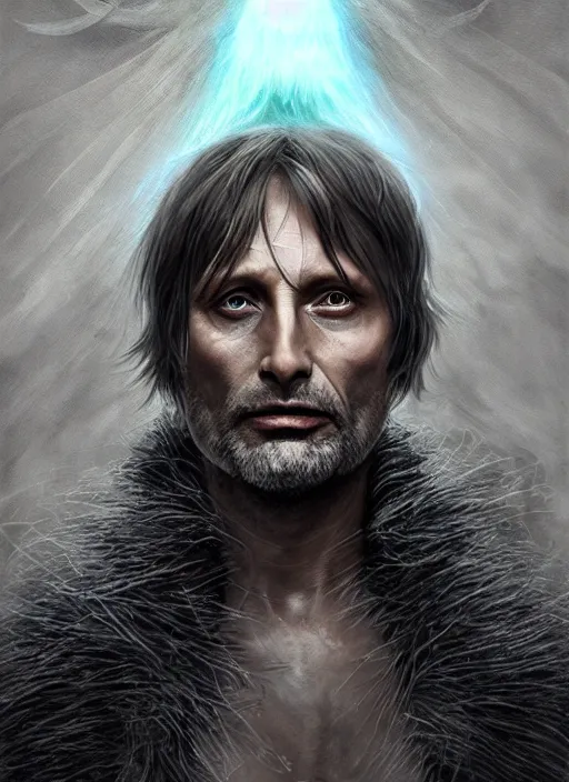 Image similar to Portrait of Mads Mikkelsen as a hexblade warlock aasimar, white glowing eyes, silver shaggy hair, short scruffy beard, cloak, teal ethereal tendril wings, male, fantasy, extremely detailed, digital painting, artstation, concept art, smooth, sharp focus, illustration, stunning lighting, art by artgerm and greg rutkowski and alphonse mucha and simon stalenhag, realistic character concept, high fantasy, light atmosphere, golden ratio, cinematic lighting, hyperdetailed, high resolution, insanely detailed and intricate, artstation, Marc Simonetti, Greg Rutkowski