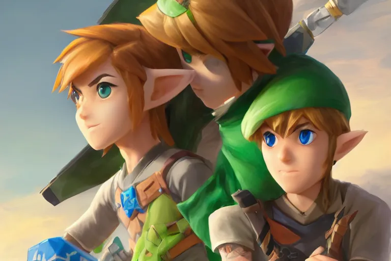 Image similar to surprised Link points at toon Link which points at young Link, made by Stanley Artgerm Lau, WLOP, Rossdraws, ArtStation, CGSociety, concept art, cgsociety, octane render, trending on artstation, artstationHD, artstationHQ, unreal engine, 4k, 8k,