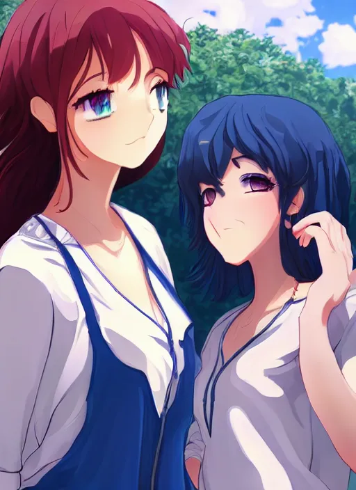 Image similar to two beautiful women under a blue sky, casual summer clothes, gorgeous faces, thick lines, cinematic lighting, detailed anime art