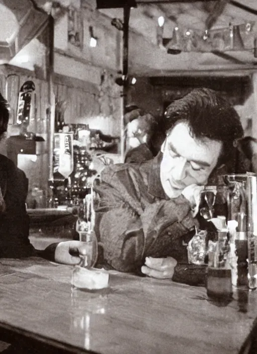 Image similar to a close - up, color cinema film still of a johnny cash talking to a beautiful hooters woman drinking whiskey at a hooters, ambient lighting at night.