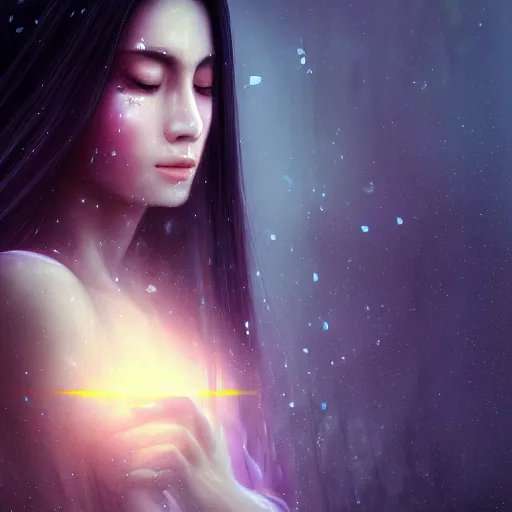 Prompt: Masterpiece portrait of an aesthetic beautiful! realistic black haired priestess, 30 years old woman, praying, soft cinematic light, digital painting by WLOP, atmospheric effects, fireflies, 4K, octane render, artstation, deviantart, closer view, dark purple blue tones