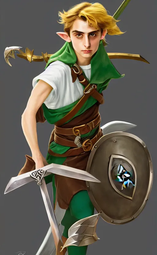 Prompt: Timothee Chalamet as Link from Legend of Zelda, elf ears, long blonde hair, +++ super super super dynamic posing, j.c. leyendecker, Valentina Remenar, thick eyebrows, super serious facial expression, holding a sword & shield, ocarina of time movie, concept photos, dynamic lighting, dynamic shaders