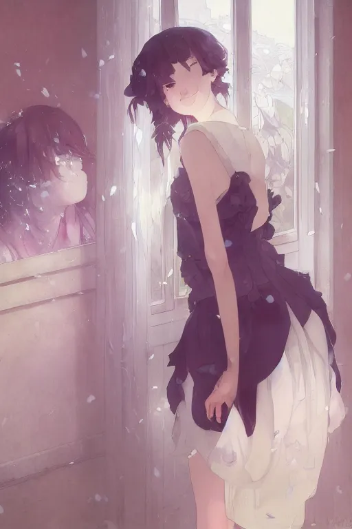 Image similar to a girl in a maid's outfit in the bedroom a night, raining outside the window, wavy white long hair, by krenz cushart and mucha and akihito yoshida and greg rutkowski and makoto shinkai and rei _ 1 7, detailed eyes, 4 k resolution