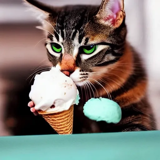 Prompt: realistic photo of a cute cat eating ice cream