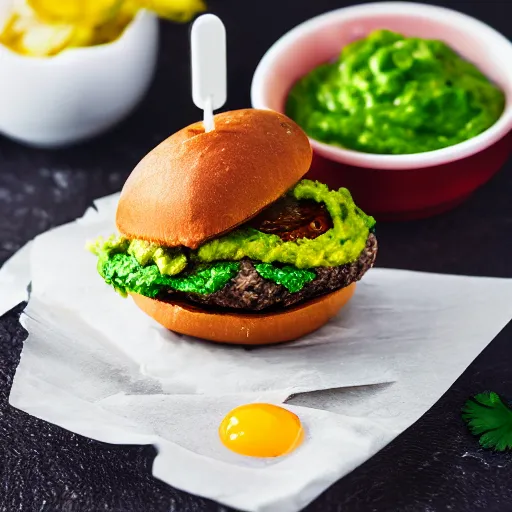 Prompt: juicy vegan hamburger topped with guacamole, fried onion and a fried egg, crispy buns, 8 k resolution, professional food photography, studio lighting, sharp focus, hyper - detailed