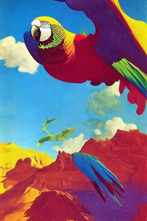 Image similar to colourful parrot flying over a tropical island, fluid, smooth, bright, colours, high contrast, sharpness, very detailed, intricate, by dali, magritte, edvard munch, da vinci, donato giancola, richard corben, zdzisław beksinski, moebius, francis bacon, studio ghibli, mucha and studio disney