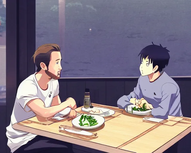 Image similar to harry kane and son heung-min eating dinner at a restaurant, slice of life anime, lighting, anime scenery by Makoto shinkai