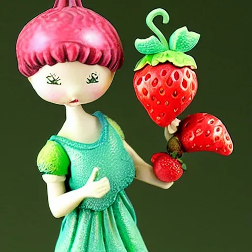 Image similar to a femo figurine of a cute funny strawberry fairy with a frilly floral dress featured in the very hungry caterpillar, by loish