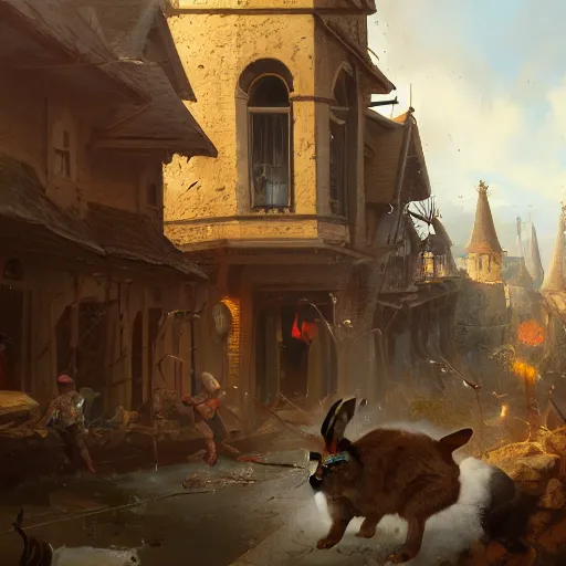 Prompt: a highly detailed oil painting of a giant rabbit smashing houses, renaissance, bystanders watching from the sides, 4 k, by greg rutkowski, artstation,