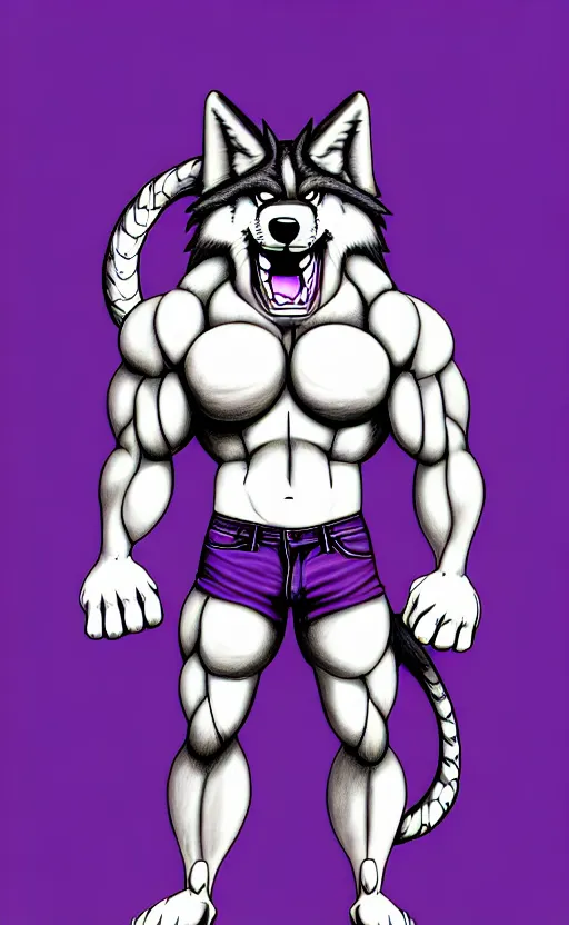 Image similar to painting of an anthropomorphic bulky muscular purple wolf, furry style, wearing jeans, deviant art, fursona, professional furry drawing, insanely detailed, bulky wolf - dragon like face with dragon features, doing a pose from jojo's bizarre adventure, detailed veiny muscles, exaggerated features, beautiful shading, huge white teeth, grinning, colorful background