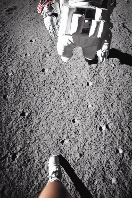 Image similar to afull body photography of an astronaut on the surface of the moon, bottom - view, focus on his foot, low angle, out - space in background, photography, photo - shot, shooting, cinematic lighting, 8 k