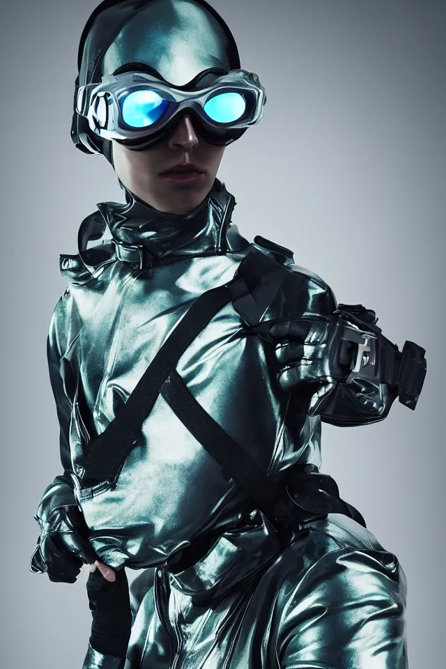 Image similar to digital fashion shoot, androgynous person, tactical tunic latex, wearing goggles, techwear, iridiscent light, high key, cinematic lighting at night, neon, phil hale, boris vallejo, alberto mielgo