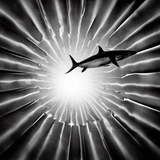 Prompt: underwater shot shark with caustics on skin, black and white