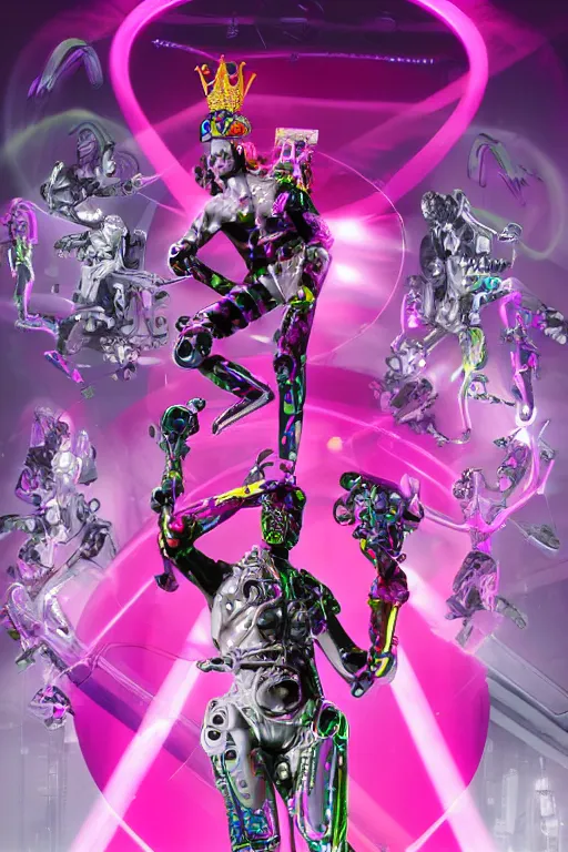 Image similar to full-body rococo and cyberpunk style neon statue of a young attractive deporitsta macho dotado e rico android sim roupa reclining con las piernas abertas e la piroca dura, glowing white laser eyes, prince crown of pink gears, diamonds, swirling silver-colored silk fabric. futuristic elements. full-length view. space robots. human skulls. intricate artwork by caravaggio. Trending on artstation, octane render, cinematic lighting from the right, hyper realism, octane render, 8k, depth of field, 3D