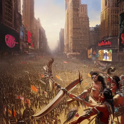 Image similar to A beautiful wide angle cinematic painting of an Indigenous warrior tribe declaring an end to colonizer rule in time square, colonizers demise, intricate detail, ornate, conceptual art, soft light, dynamic, sharp focus, depth of field blur, art by artgerm and greg rutkowski and alphonse mucha