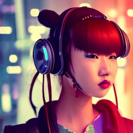 Image similar to photorealistic portrait of cute cyber punk geisha girl from Japan. she is wearing heavy complicated future headsets. award winning, taken by canon 5d mk4, art lens, perfect lighting, sci-fi, at 2200