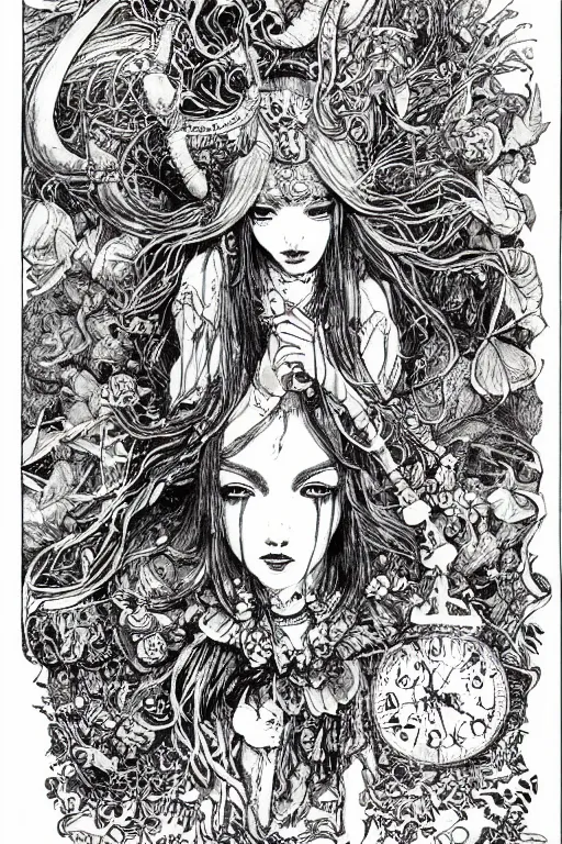 Image similar to Hippy Alice in wonderland tarot card , pen and ink, intricate line drawings, by Yoshitaka Amano, Ruan Jia, Kentaro Miura, Artgerm, watercolor