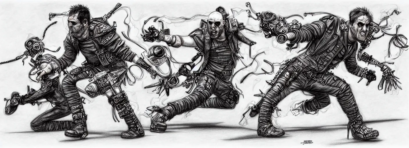 Image similar to mad max the road warrior walking silly in the ministry of silly walks, pencil drawing by james jean, very silly