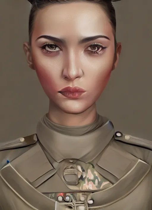 Prompt: full body concept art illustration pastel painting of a female military in intricate clothing with a very beautiful face, ultra detailed, octane render, 8K, dystopian, micro details