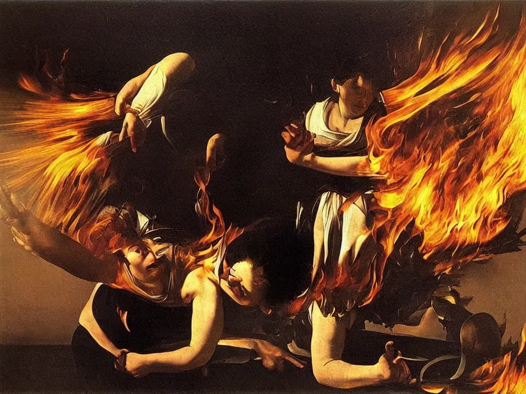 Prompt: Woman setting her home on fire. Painting by Caravaggio.