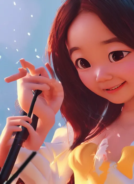 Image similar to a cute asian girl singing, in the style of pixar animation, mid-shot, award winning, hyper detailed, studio lighting, artstation, octane renderer, unreal engine