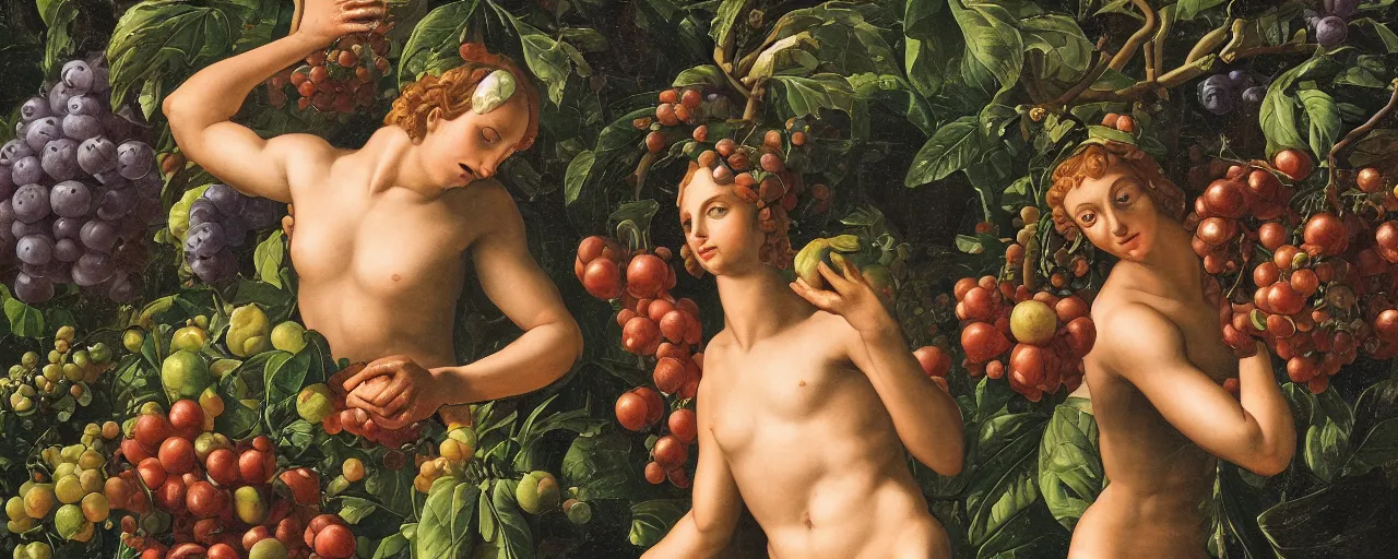 Image similar to cyborg and human, garden with fruits on trees, closeup, ultra detailed, Guido Reni style