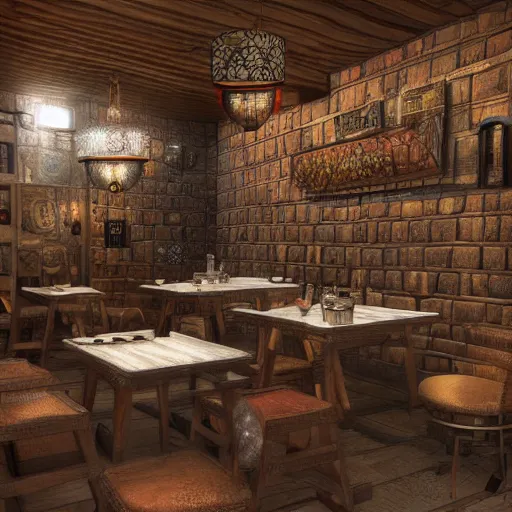 Prompt: Interior design Tavern in Mixed style Medieval and Cybepunk, Many details