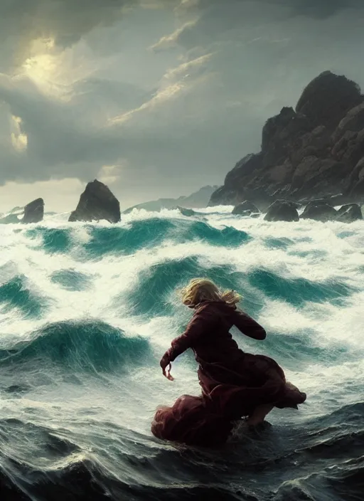 Prompt: waves keep crashing me by, photorealistic movie still by michael komarck, greg rutkowski, victo ngai, artgerm, willem claesz heda and j. dickenson