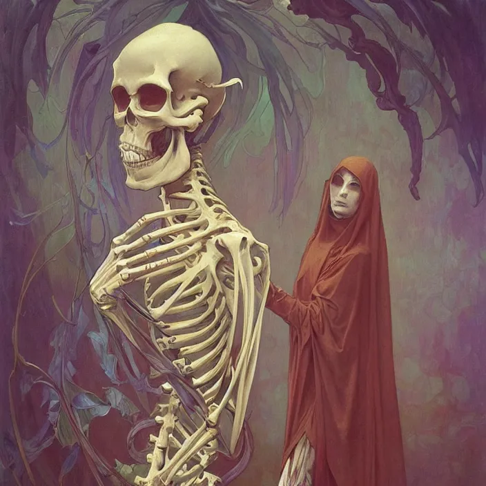 Image similar to A beautiful painting of A Skeleton Nun by Ross Tran!!! and alphonse mucha and greg rutkowski! and Gustave Doré!! and Zdzisław Beksiński!,In style of Impressionism.Symmetry.Highly detailed face.Fantasy,smooth,hyper detailed,sharp focus,Soft light.trending on artstation.oil on canvas