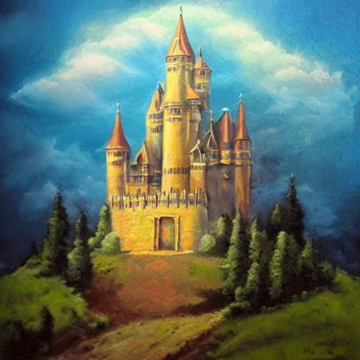 Image similar to Castle in the clouds, celestial light, divine, in the style of Wylie Beckert