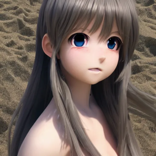 Image similar to Render of a very beautiful 3d anime girl, long hair, hazel eyes, cute freckles, full round face, short smile, cute sundress, silver tone, serene beach setting, medium shot, mid-shot, highly detailed, trending on Artstation, Unreal Engine 4k