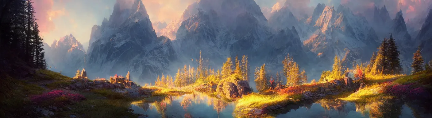 Image similar to beautiful fantasy alps landscape, godrays, magnificent, colorful reflections, diffuse lighting, luxury, detailed, sharp focus, close up, low angle, high detail, volumetric, illustration, cold lighting, by jordan grimmer and greg rutkowski, trending on artstation, pixiv